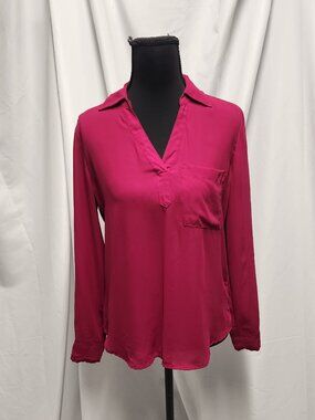 New York & Company Blouse Women’s XS Pink Long Sleeve V-Neck Back Button Detail